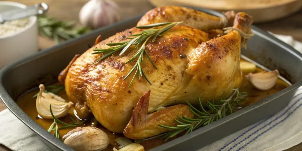 roasted chicken with garlic and rosemary on a rustic platter
