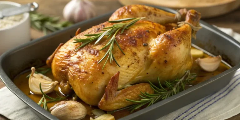 roasted chicken with garlic and rosemary on a rustic platter