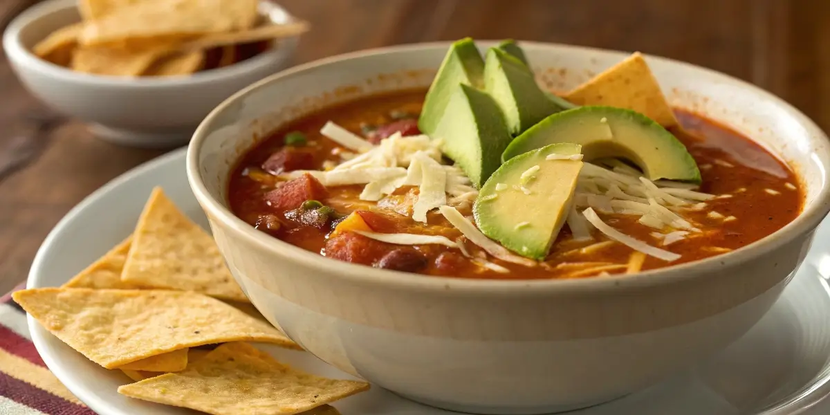 Santa Fe Soup Recipe served hot with cheese and avocado.