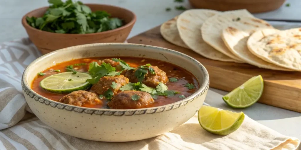 Serving albondigas soup crockpot recipe with lime and cilantro