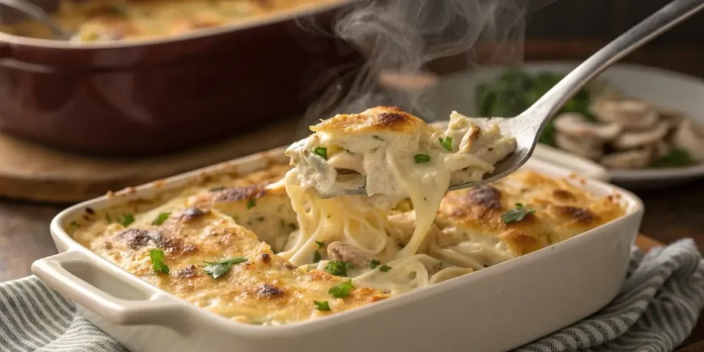 Serving a creamy Barefoot Contessa turkey tetrazzini from casserole.