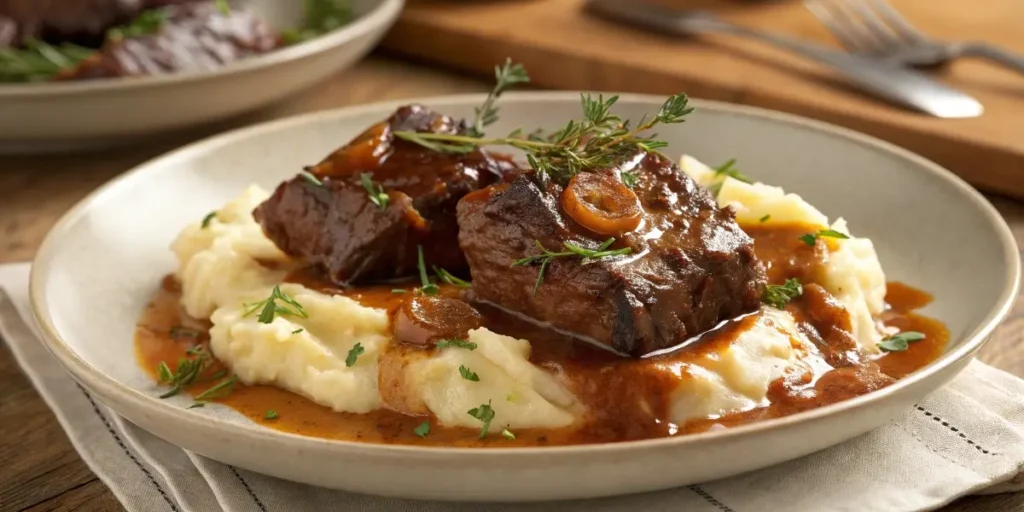 serving braised boneless short ribs with mashed potatoes