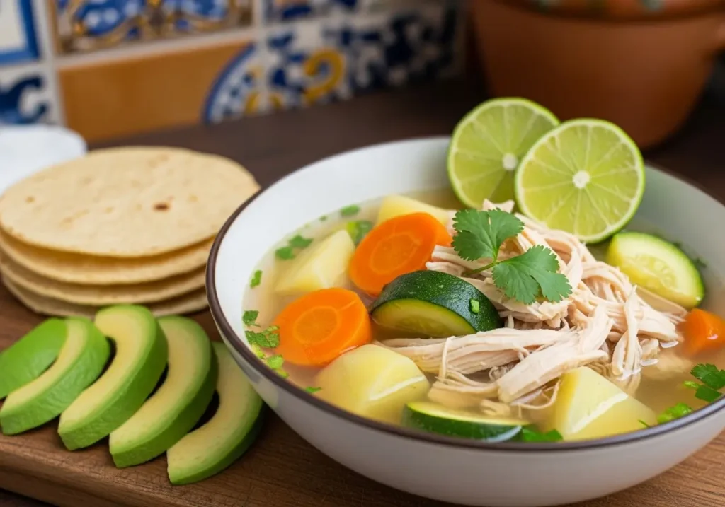 Serving caldo de pollo with lime and avocado