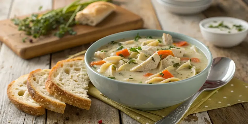 serving crockpot creamy chicken noodle soup with bread