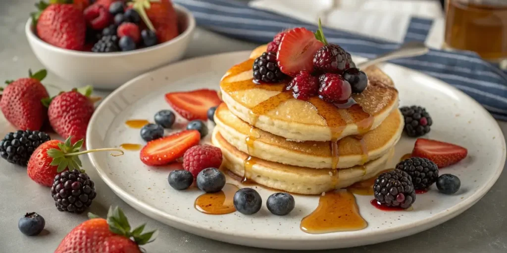serving gluten free pancakes with berries and syrup