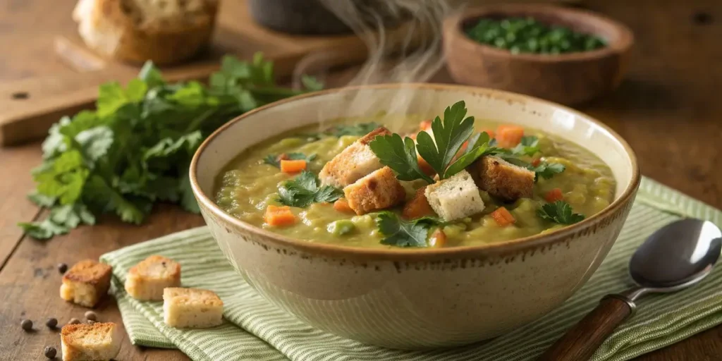 Served Goya split pea soup with herbs and croutons
