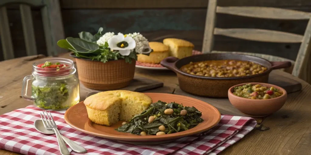 serving hot water cornbread with collard greens
