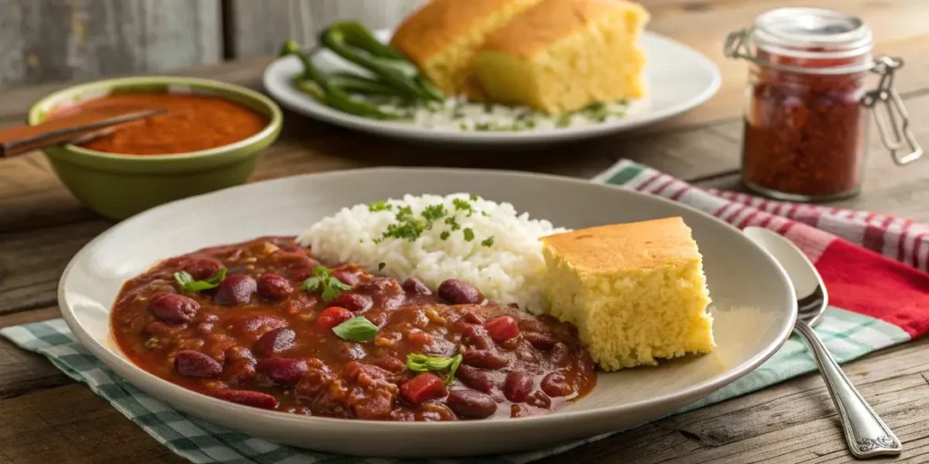 Camellia red beans and rice served with cornbread.