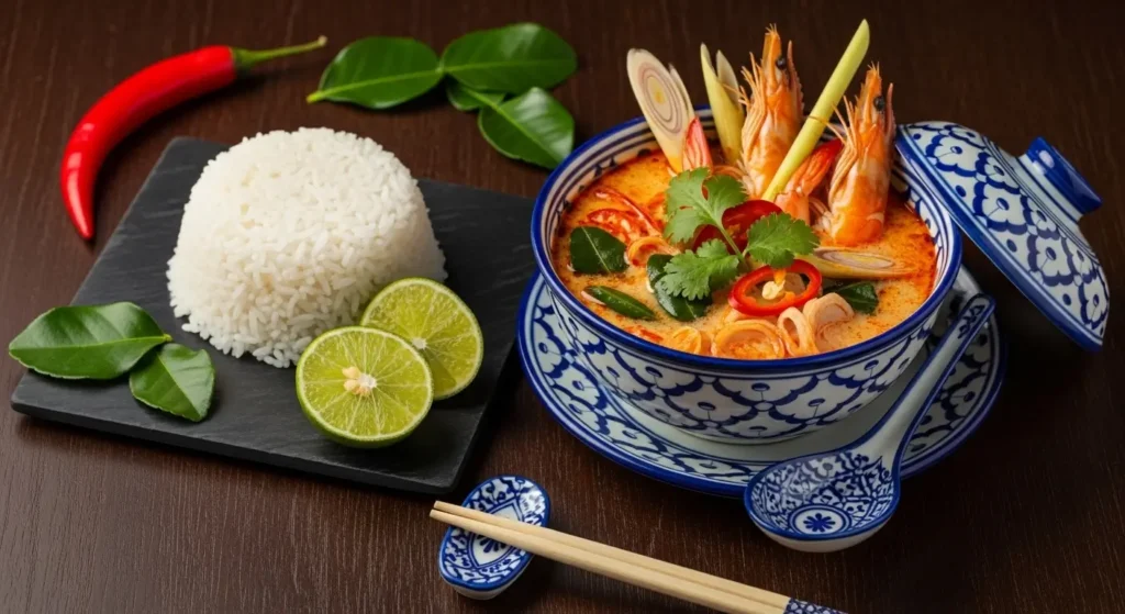 serving tom yum soup with jasmine rice