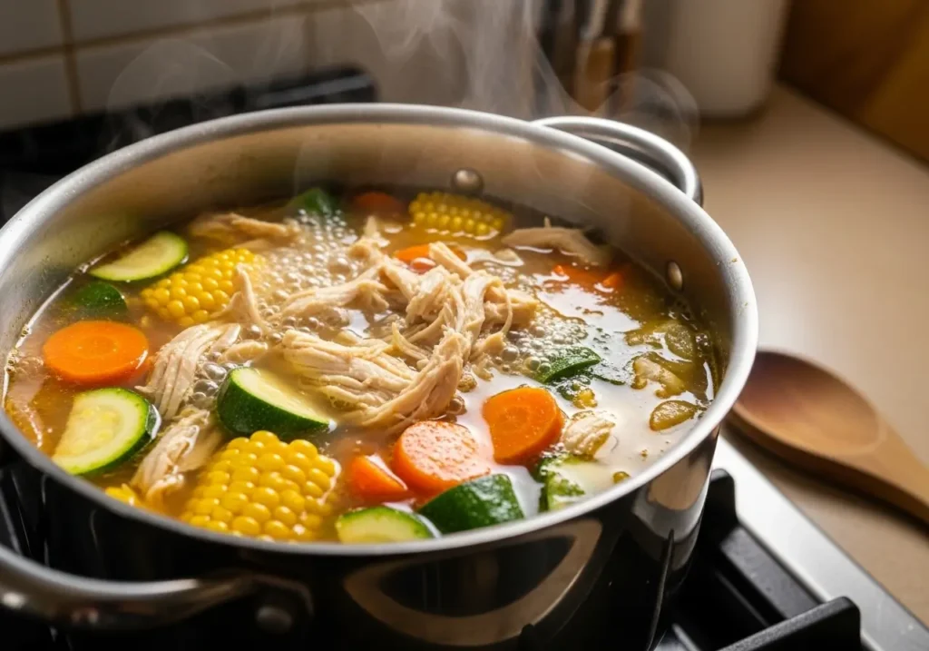 Simmering caldo de pollo in pot
