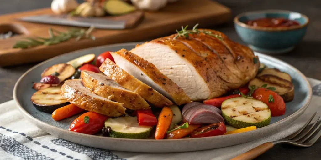 sliced roasted chicken with garlic and rosemary