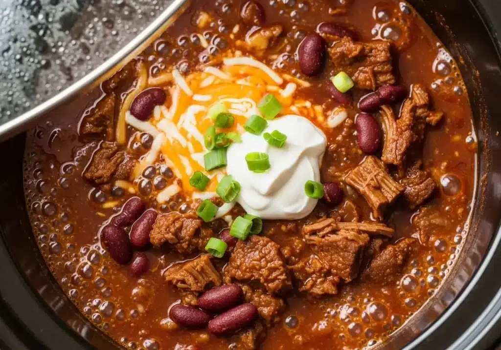slow cooker chili simmering in crockpot