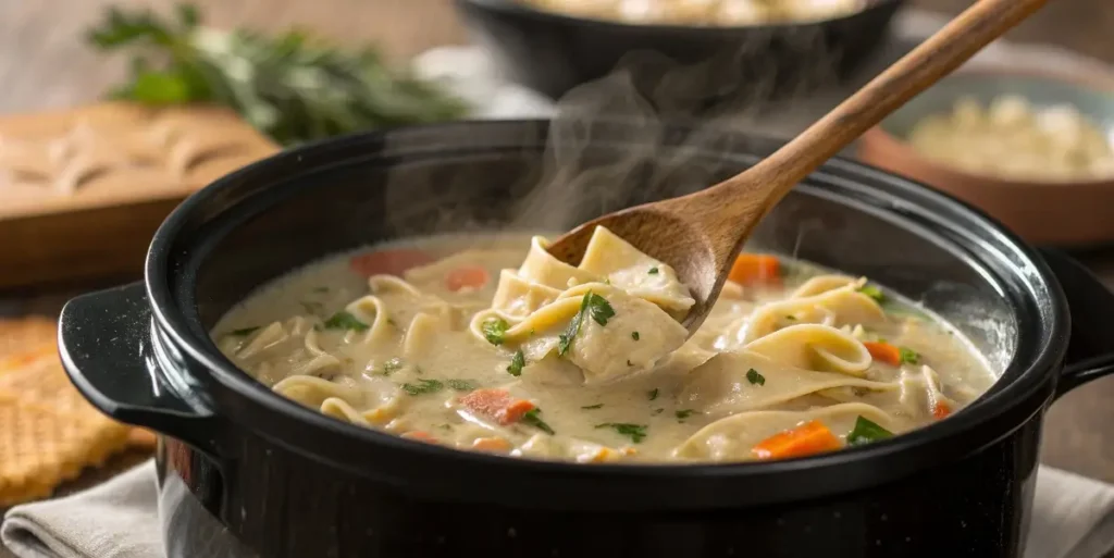 slow cooker creamy chicken noodle soup stirring