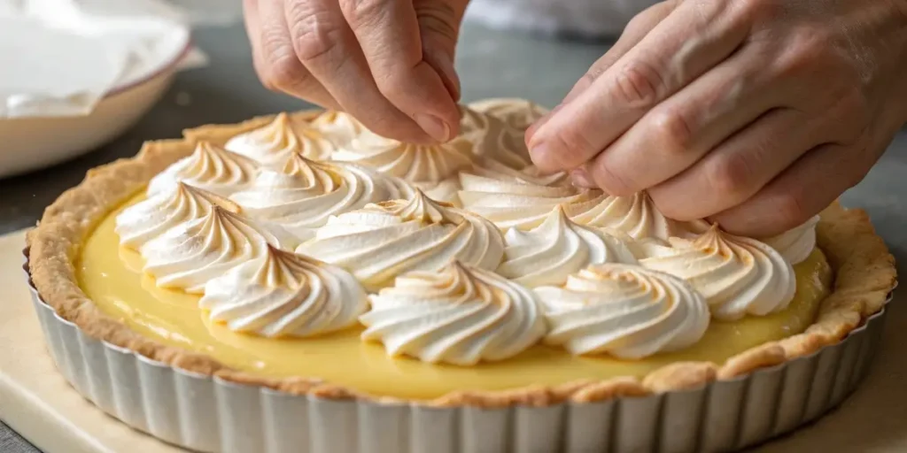 Spreading meringue on lemon and meringue pie recipe