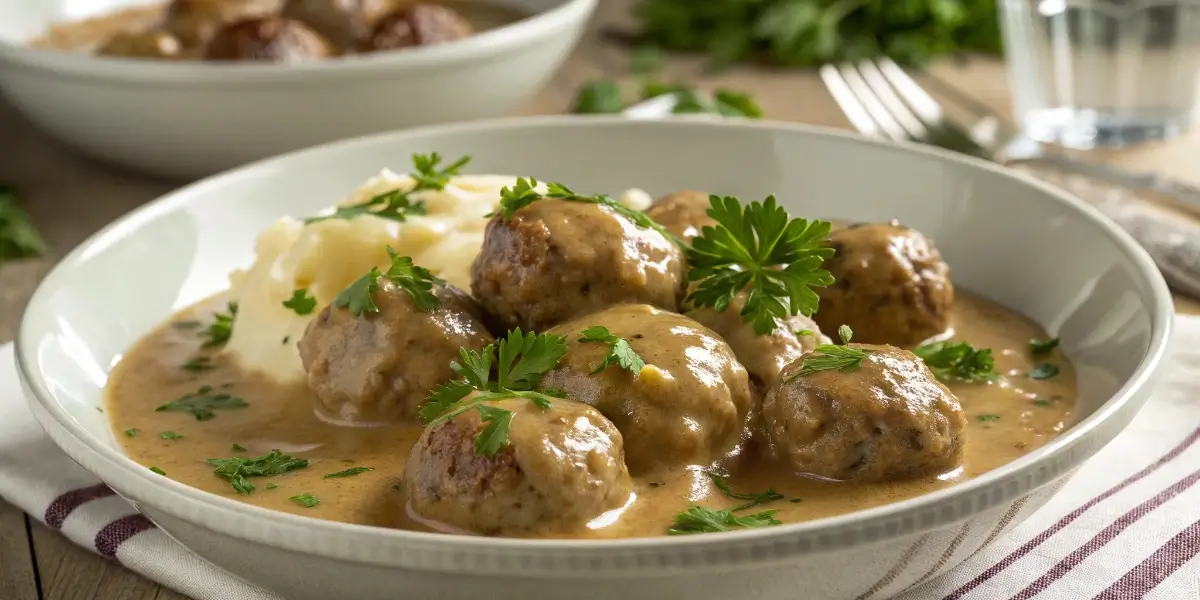 Swedish meatballs recipe with frozen meatballs served in creamy sauce