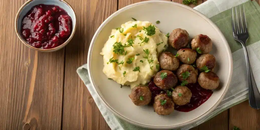 Swedish meatballs with mashed potatoes and lingonberry jam