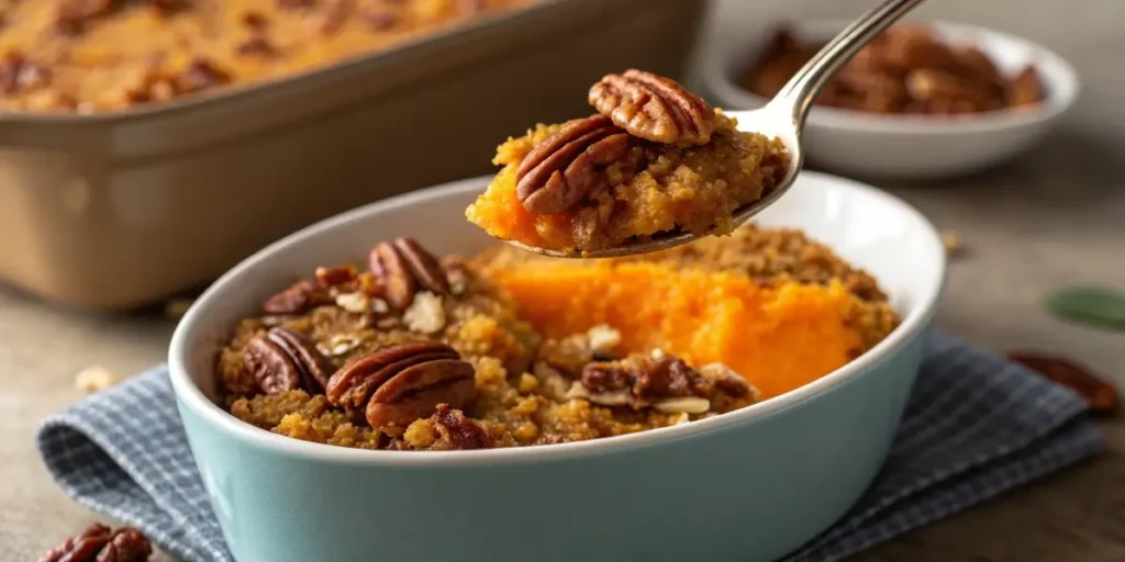 spoonful of sweet potato casserole with pecan topping