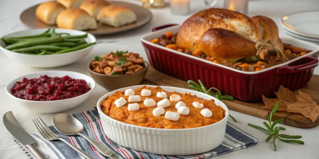 Thanksgiving table with sweet potato casserole with canned yams