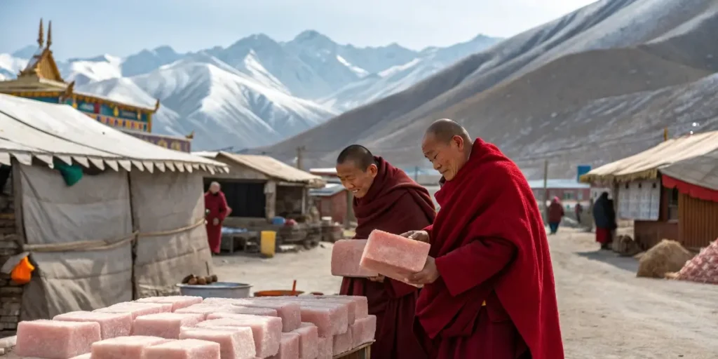 tibetan monks trading pink salt blocks