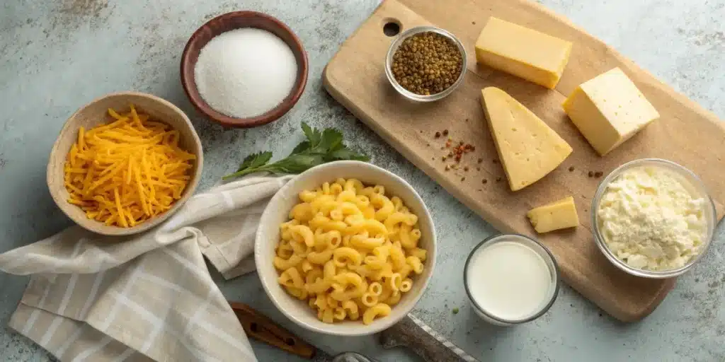 Tinis Mac and Cheese ingredients on table