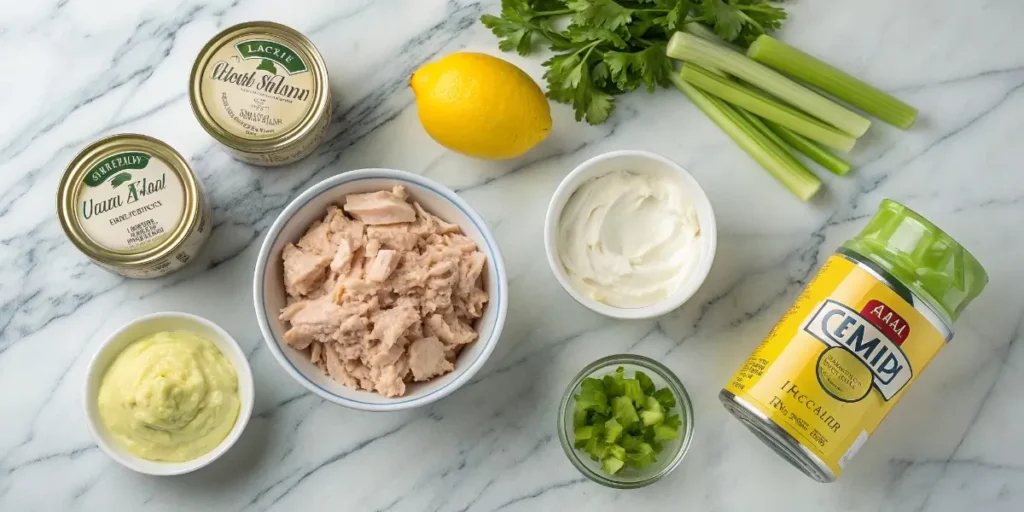 Tuna salad ingredients with Greek yogurt on counter
