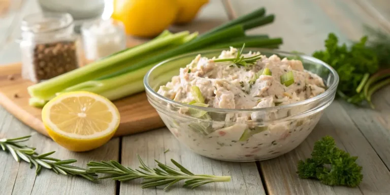 Tuna salad with Greek yogurt served with celery and lemon