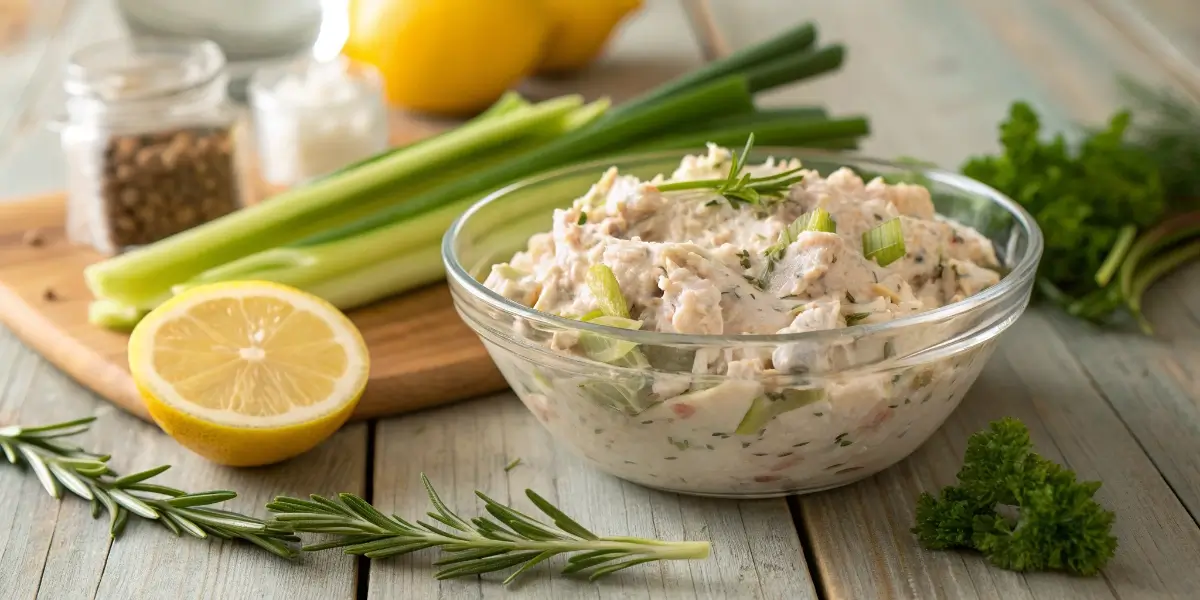 Tuna salad with Greek yogurt served with celery and lemon