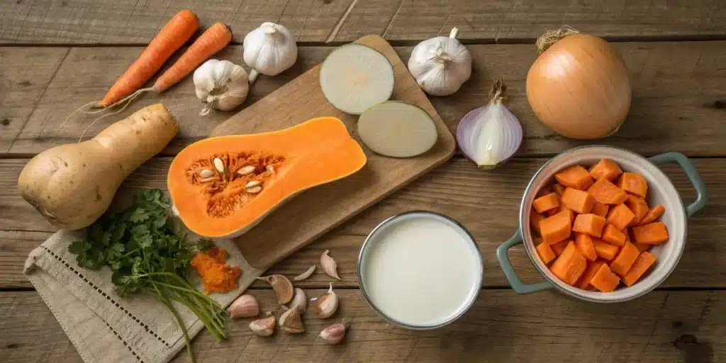 Fresh ingredients for vegan butternut squash soup