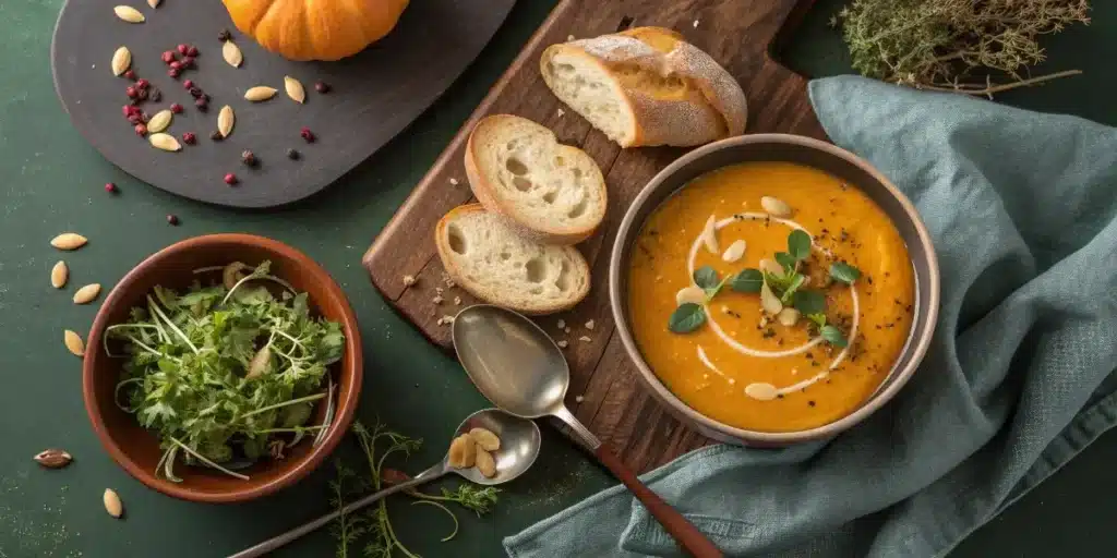 Vegan butternut squash soup with salad and bread