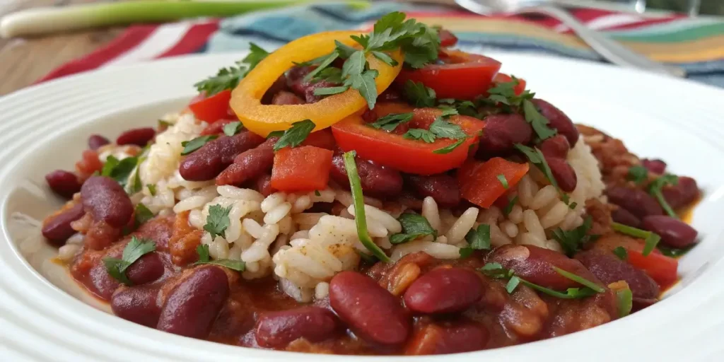 Vegan Camellia red beans and rice with vegetables.