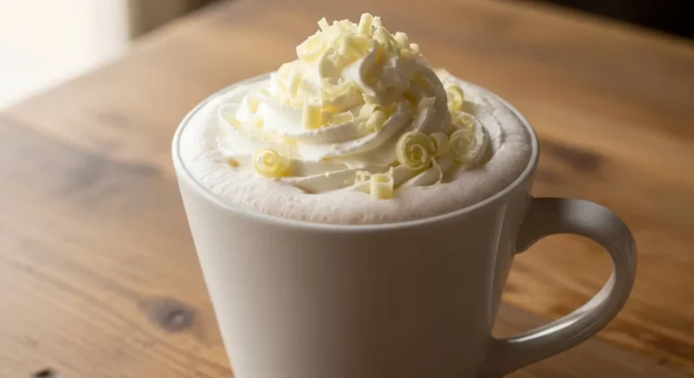 Creamy white hot chocolate recipe in a white mug