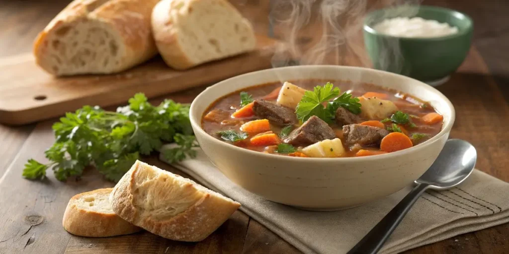 vegetable beef soup recipe served with bread