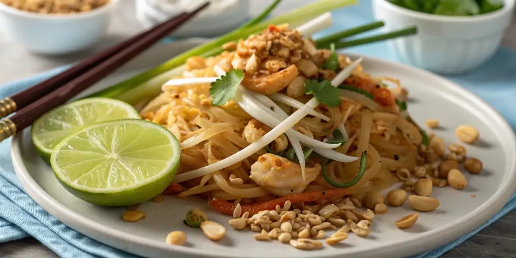 Served Pad Thai with lime and peanuts