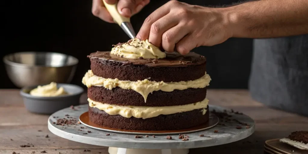 Assembling Brooklyn Blackout Cake with chocolate pudding frosting