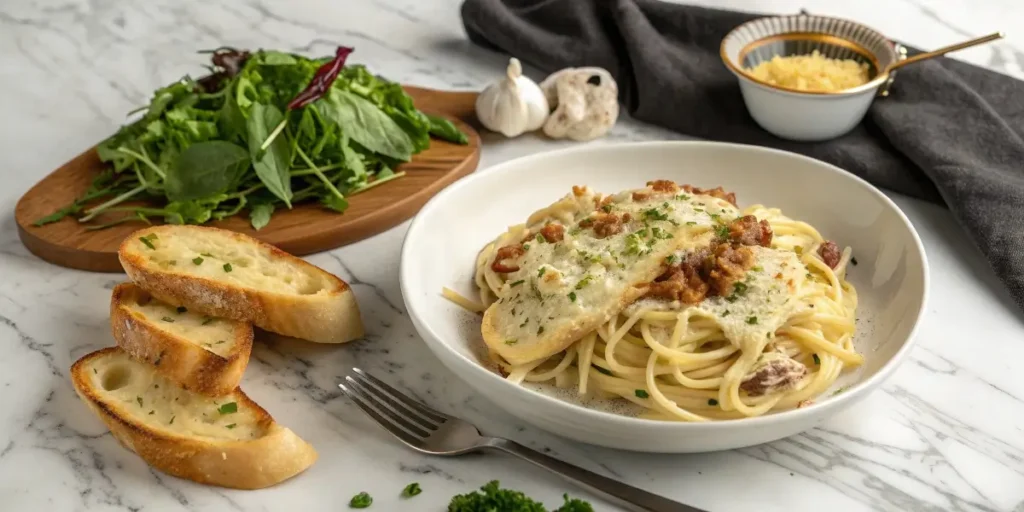 baked brie pasta with salad and garlic bread