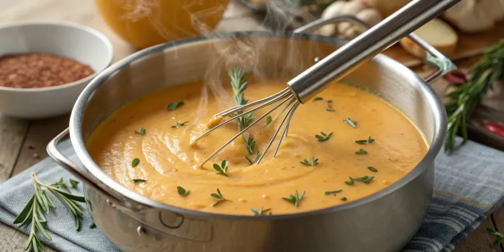 blending pumpkin bisque soup recipe in pot