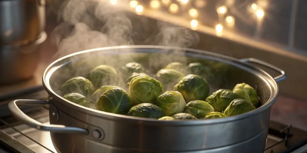 Brussel sprouts steaming in pot