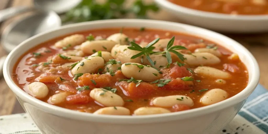 Cannellini beans cooking in Tuscan White Bean Soup.
