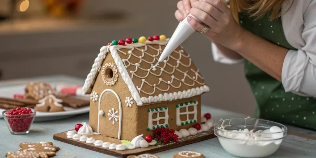 Decorating a gingerbread house cake with icing