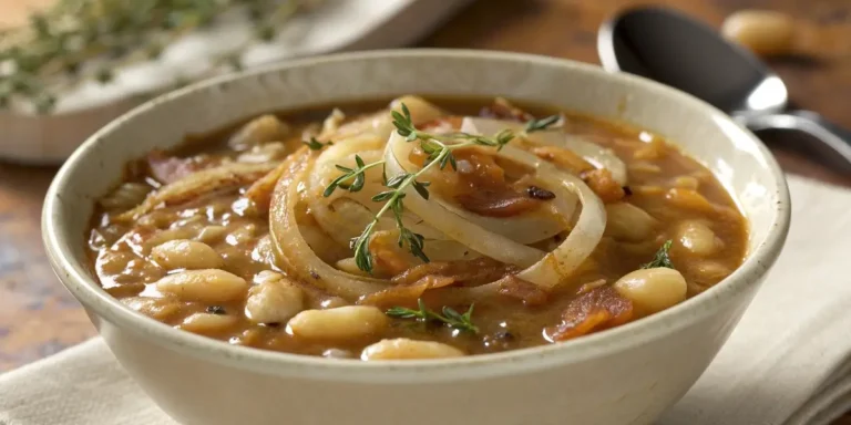 French Onion White Bean Soup in rustic bowl