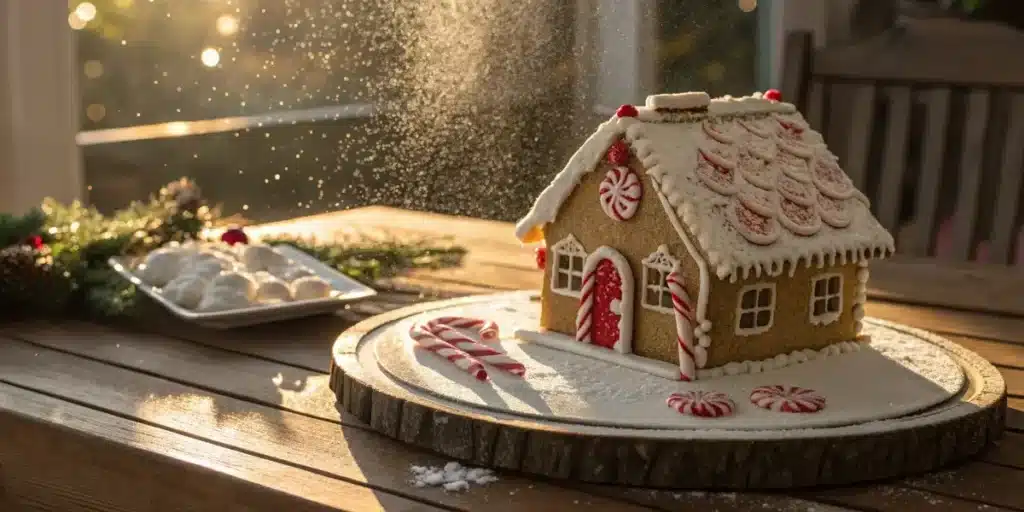 Gingerbread house cake with festive decorations