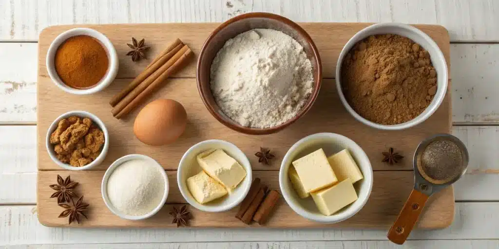 Ingredients for gingerbread house cake on table