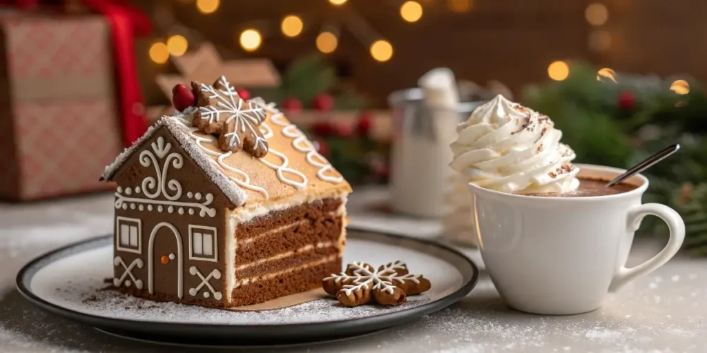 Slice of gingerbread house cake served with whipped cream