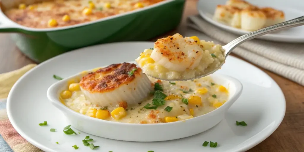 healthy scallop corn serving on white plate