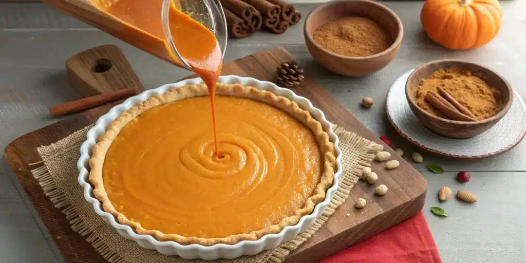 pouring pumpkin pie filling libby’s pumpkin pie recipe