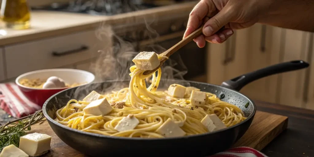 melting brie in pasta skillet