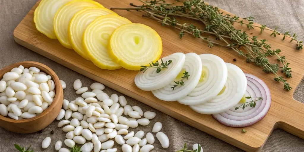 onions and white beans ingredients for French Onion White Bean Soup