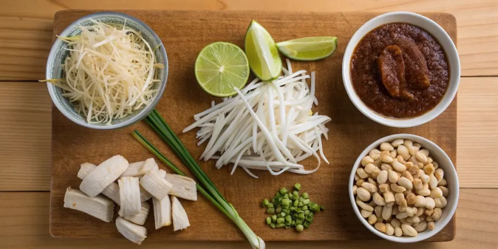 Pad Thai recipe ingredients on wooden table