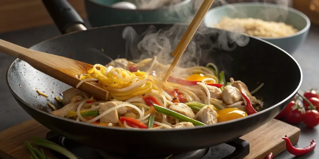 Pad Thai cooking in a wok