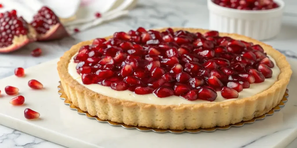 Pomegranate cream tart with fresh pomegranate seeds and buttery crust